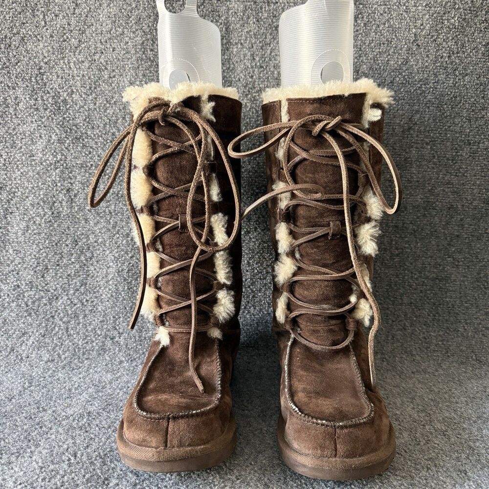 Vtg UGG Uptown II 5190 Chocolate Brown Suede Shearling Lace Up Boots Women's 9